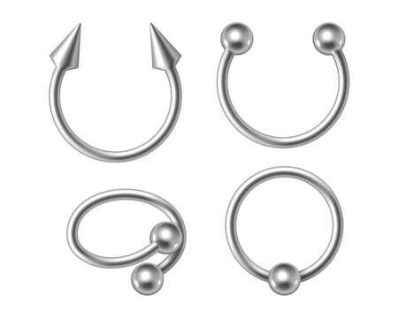 Set of silver piercing jewelry, metal pierce rings, barbell with balls and cones for face and bodyのイラスト素材