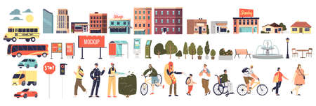 Urban city cartoon elements people, park decoration, building, transport and steer advertisingのイラスト素材