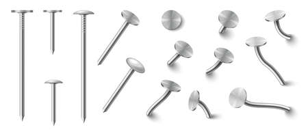 Set of realistic nails straight hammered into wall with pin heads. Metal hardware spikes or hobnailsのイラスト素材