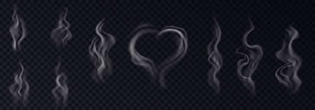 Steam smoke realistic set with heart and swirl shaped white vapor on black transparent backgroundのイラスト素材