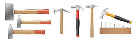 Set of realistic hammer and sledgehammers with rubber and wooden handles hitting nails in woodのイラスト素材