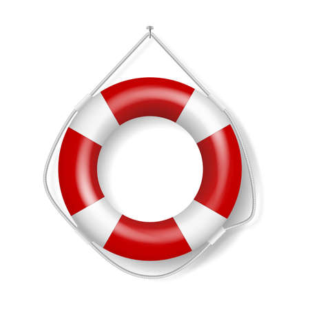 Realistic red lifebuoy with rope. Rescue belt for help and safety, lifesaver symbol for passengersのイラスト素材