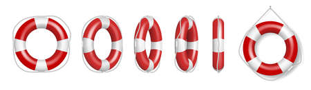 Set of red life buoys. Rescue belts, inflatable rubbers lifebuoys ring with rope for help and safetyのイラスト素材