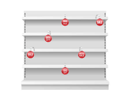 White empty store shelf with sale and discount prices tags. Retail shelf rack for supermarketのイラスト素材