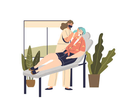 Woman visit cosmetologist getting relaxing spa procedure or skin treatment in wellness salonのイラスト素材