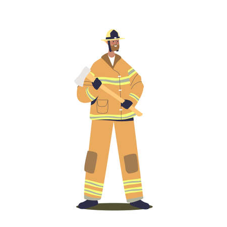 Male firefighter rescuer in uniform and helmet hold axe. Man fireman service in protective clothesのイラスト素材