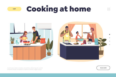 Cooking at home concept of landing page with parents prepare food together with childrenのイラスト素材