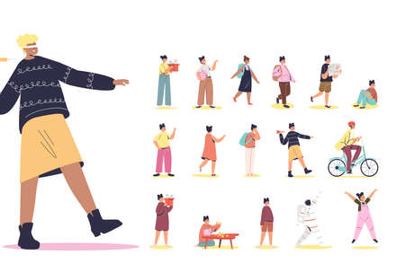 Set of cartoon girl with blindfolded closed eyes walking clothes in lifestyle situations and posesのイラスト素材