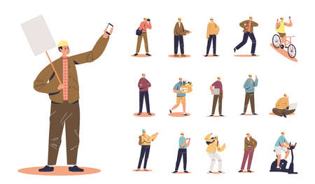 Set of protester man cartoon holding banner and smartphone different lifestyle situations and posesのイラスト素材