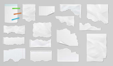 Different paper sheets, torn strips, memos and notes. Realistic paper scraps with torn edgesのイラスト素材
