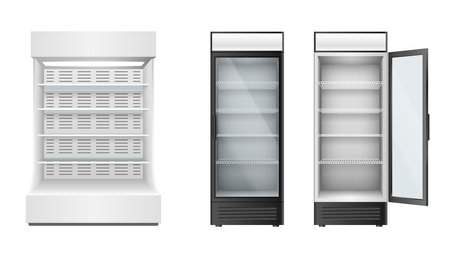 Set of fridges for supermarket or grocery store with glass door and selves for storage and displayのイラスト素材