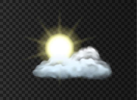 Weather icon with partly cloudy climate: realistic sun above cloud . Daily forecast applicationのイラスト素材