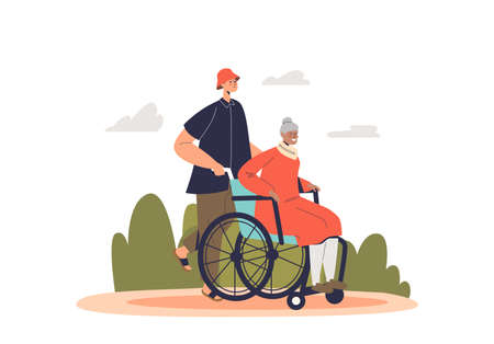 Young volunteer man helping senior lady on wheelchair. Guy carrying older grandmother womanのイラスト素材