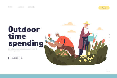 Outdoor time spending concept of landing page with senior couple work in garden gardeningのイラスト素材