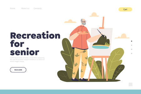 Recreation for senior concept of landing page with old man painting picture stand at easel canvasのイラスト素材