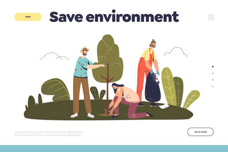 Save environment concept of landing page with volunteers work in park collect litter and plant treesのイラスト素材