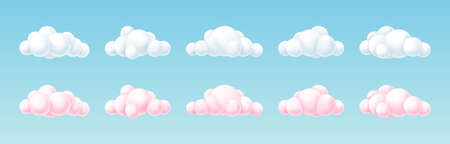 Set of 3d white and pink clouds with round geometricl shapes isolated on blue background