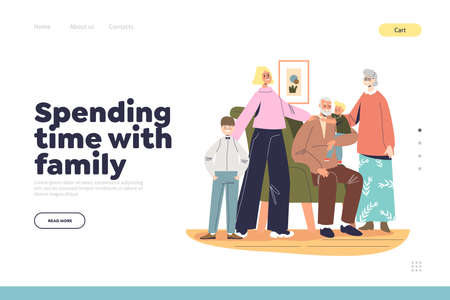 Spending time with family landing page with happy grandparents with grandchildren togetherのイラスト素材