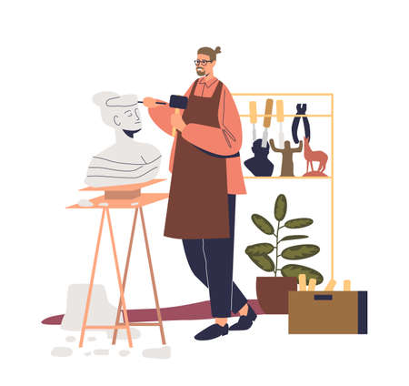 Male sculptor modeling bust sculpture of stone in art studio. Artist man at work. Creative activityのイラスト素材