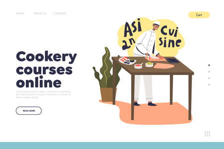 Cookery courses online concept of landing page with male chef cook making sushiのイラスト素材