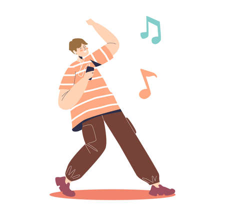 Cheerful boy listen music wearing earphones from mobile phone application or streaming serviceのイラスト素材