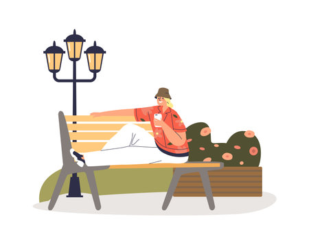 Young girl with smartphone gadget sit alone on bench in park messaging and posting to social mediaのイラスト素材