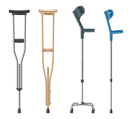 Set of crutches: elbow, telescopic metal, wooden canes. Medical equipment for rehabilitationのイラスト素材