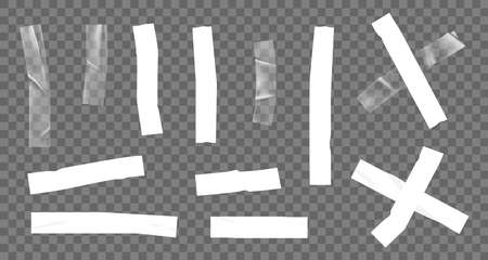 Set of white and transparent adhesive or masking tape pieces with torn edges realistic styleのイラスト素材