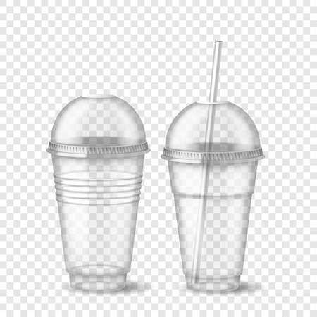 Realistic 3d empty clear plastic disposable cup with sphere dome cap and straw isolatedのイラスト素材