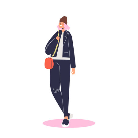 Autumn fashion clothes for woman: young trendy girl wearing stylish outfit for fall season smilingのイラスト素材