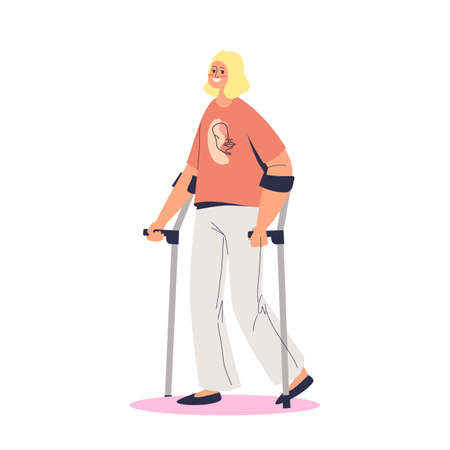 Young disabled girl walking with crutches. Female with disability on recovery or rehabilitationのイラスト素材