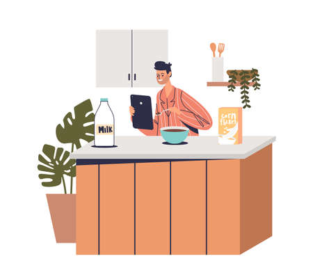 Man using digital tablet for surfing internet and watching video while eating breakfast in kitchenのイラスト素材