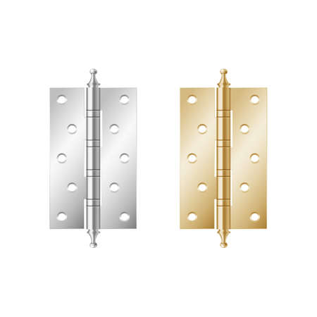 Golden and silver hinges for doors. Metal ironware with hole for fixing window or furnitureのイラスト素材