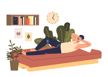 Man sleeping on coach. Male cartoon character daydreaming or napping in bedroomのイラスト素材