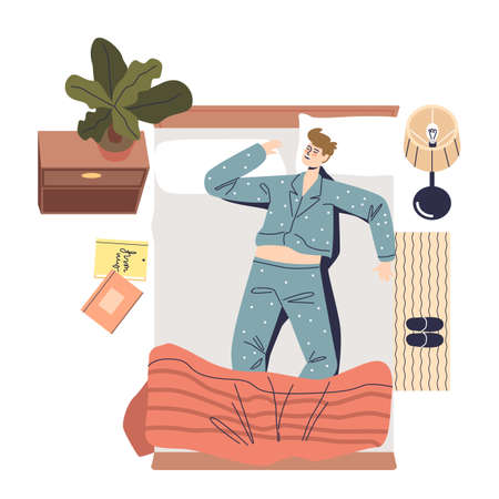 Young man in pajama sleeping in bed in comfortable position. Male cartoon character nappingのイラスト素材