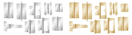 Door hinges realistic set. Classic industrial ironmongery golden and silver on white backgroundのイラスト素材