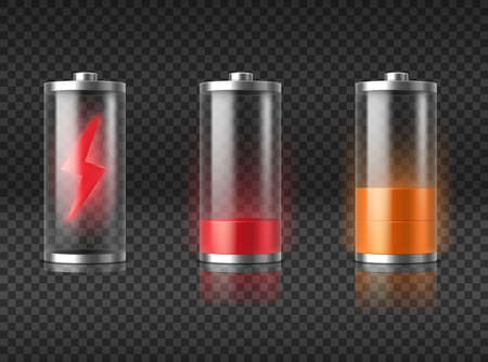 Realistic battery charging red empty to yellow half energy level. Glowing smartphone accumulatorのイラスト素材