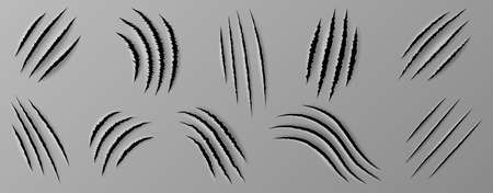 Set of realistic scratch claws of wild animal. Beast claws scrape tracks with hole in sheet of paperのイラスト素材
