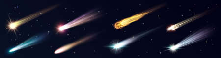 Space meteors, comets, stars and asteroids with fire trails. 3d meteorite fireball and space objectsのイラスト素材
