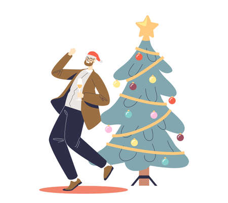 Happy man celebrate new year dance and drink champagne at decorated xmas tree on corporate partyのイラスト素材