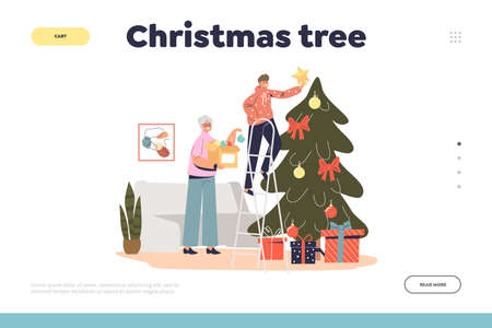 Christmas tree concept of landing page with happy grandmother decorating pine together with grandsonのイラスト素材