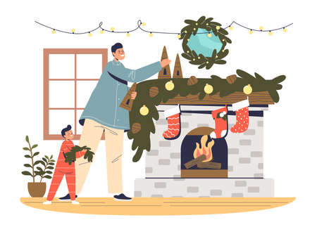 Father and kid decorating fireplace for christmas. Dad and boy preparing for xmas and new yearのイラスト素材