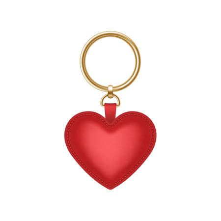 Realistic keychain red heart shape, holder for key with ring. Fob, accessory or souvenir trinketのイラスト素材
