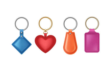 Leather keychains of different shapes, holders set with metal ring. Accessories or souvenir trinketsのイラスト素材