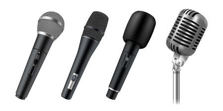 Set of realistic microphones for stage, vocal, karaoke or public speech. Modern audio equipmentのイラスト素材