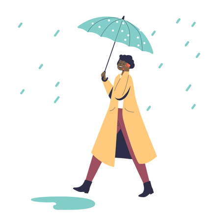 Stylish woman in coat walk under umbrella in rainy day. Female protecting from rainのイラスト素材
