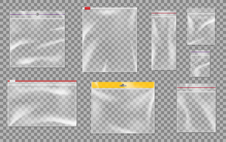 Set of realistic plastic zipper bags with zip locks. Clear ziplock packages for food storageのイラスト素材