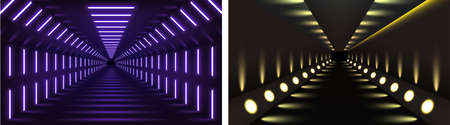 Illuminated hall tunnels background. Dark room corridors with brightly lit neon lampsの写真素材