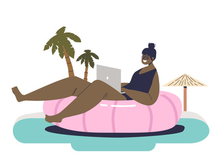 Self-employed freelancer girl work remotely lying in swimming pool on tropic beachのイラスト素材