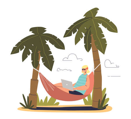 Young girl work on laptop lying in hammock. Freelancer female use computer online on beachのイラスト素材